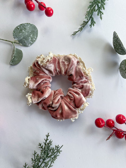 Rose Velvet Scrunchie with Lace & Pearl Trim