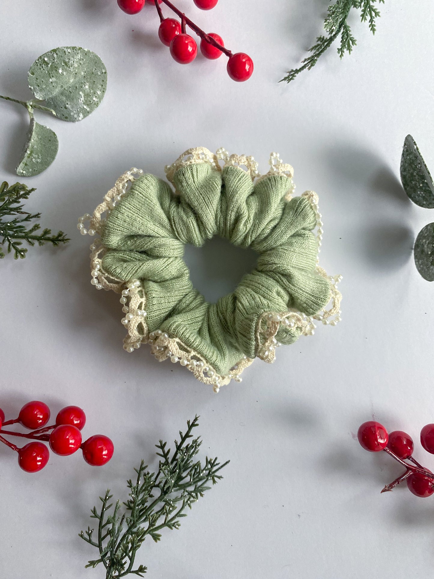 Light Green Pearl and Lace Trim Scrunchie