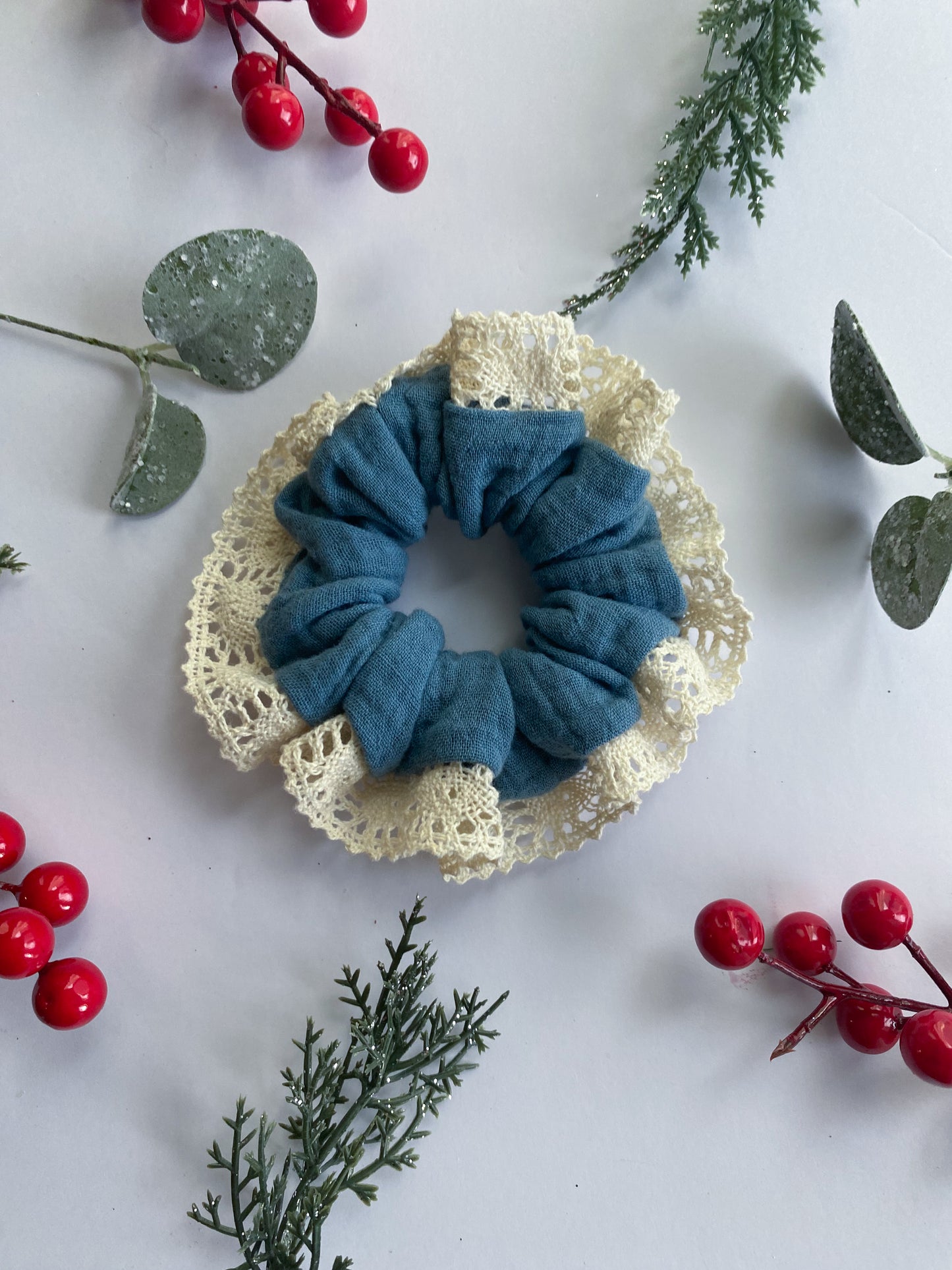 Blue Lace Trim Scrunchie